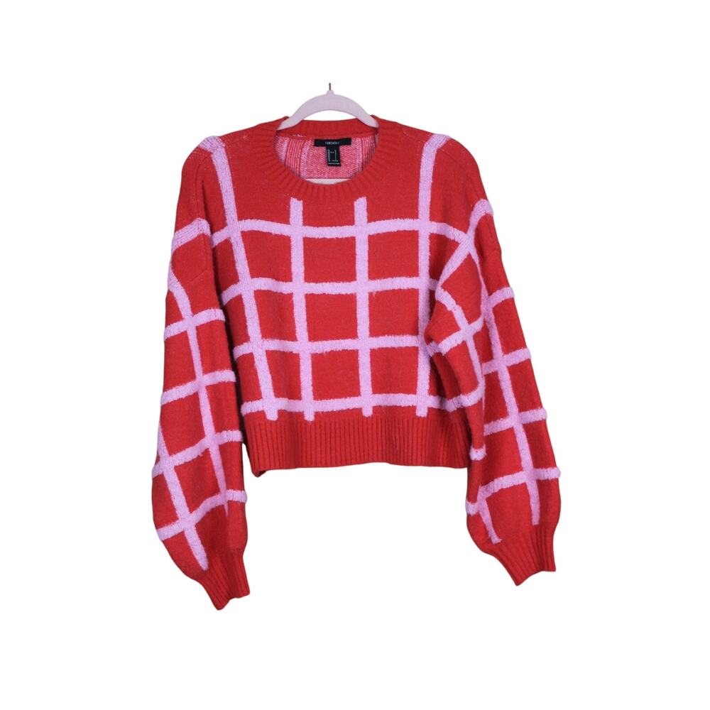 Forever 21 Orange & Pink Checker Stylish Cropped Chunky Soft Knit Sweater Size L